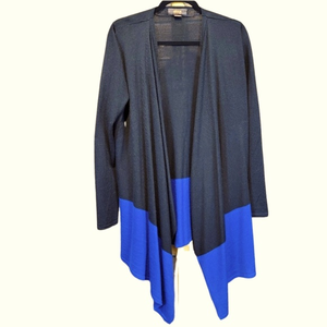 Victor Alfaro black and blue color blocked drape front open wool cardigan L